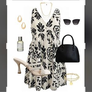 Sincerely Jules Black & White Leaf Printed Tiered Dress S